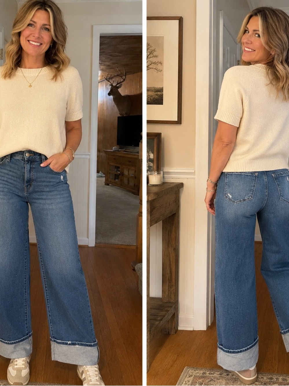 Flying Monkey Wide-Leg High-Rise Jeans in Medium Blue with Cuffed Hem